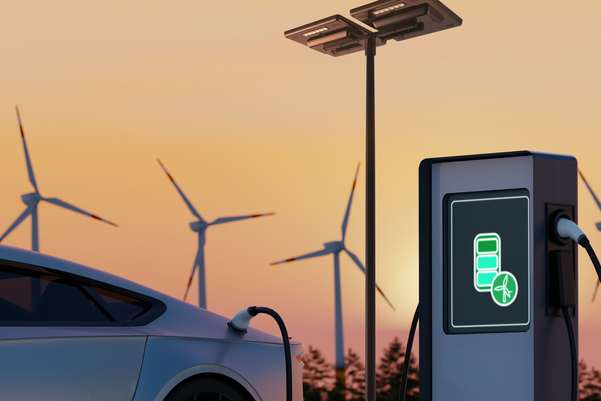 image of an EV charging port at sunset with Sol's iSSL light and wind turbines in the background, electric vehicle plugged in 