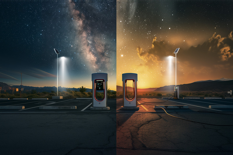 composite of two EV charging stations, one at night, one at dusk, both with solar lights beside them