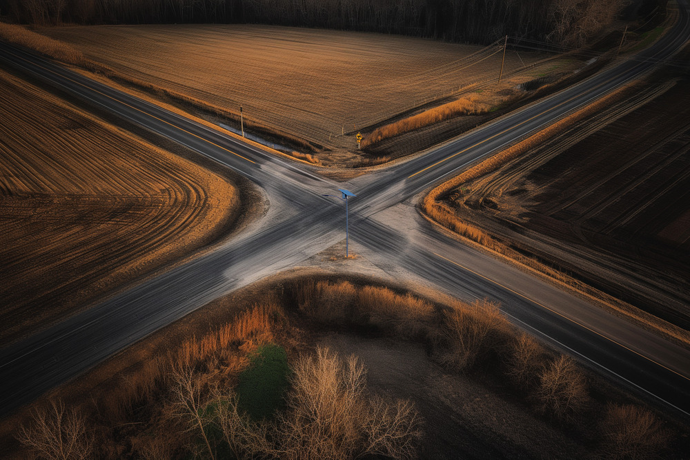 Aerial view of an empty rural intersection surrounded by fields 