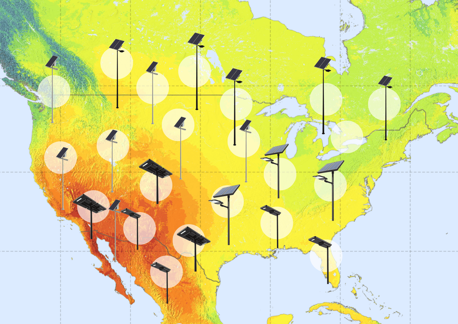 solar irradiation map of United States and Canada showing where various Sol systems are sustainable