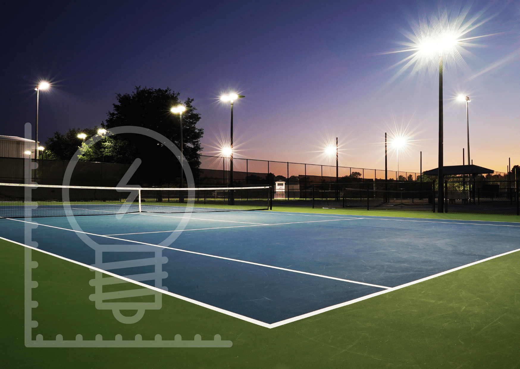 photograph of tennis court at dusk with illumated solar light and overlay with light bulb and graph in bottom left corner