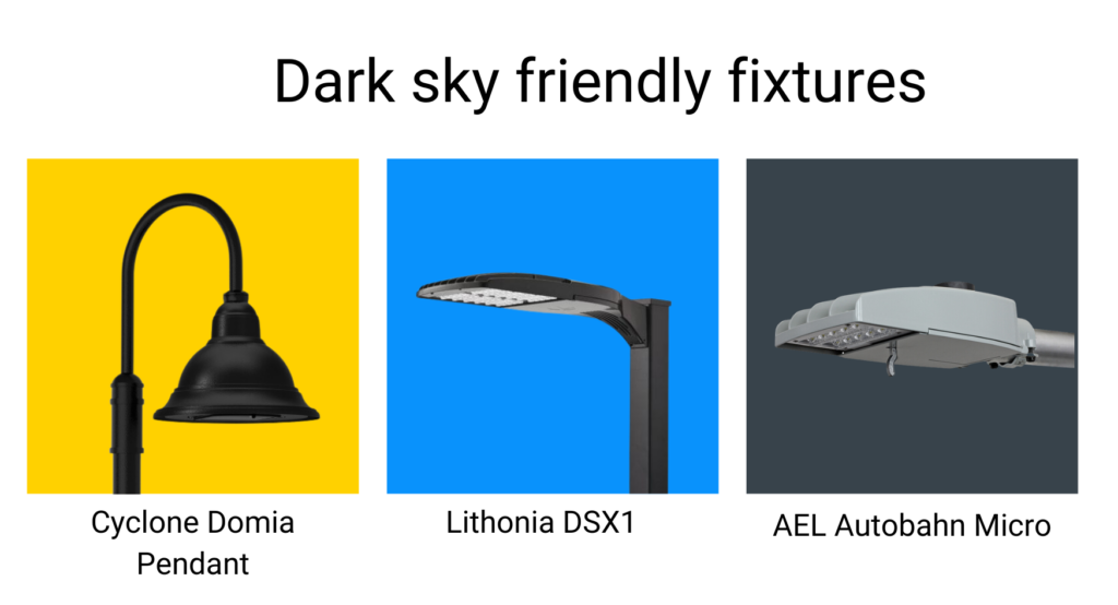 examples of three Dark Sky friendly light fixtures: the Domia bellhead, Lithonia DSX1, and AEL Autobahn