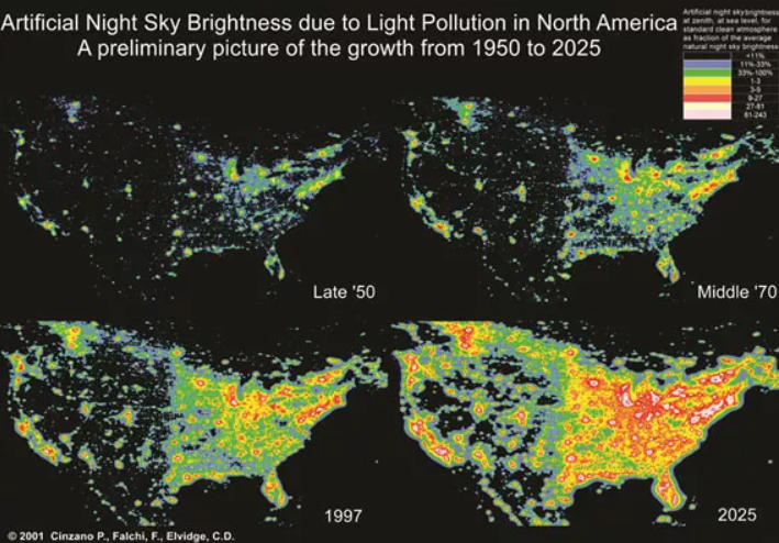 heat map like image showing growth of night sky brightness over time, between 1950 to 2025