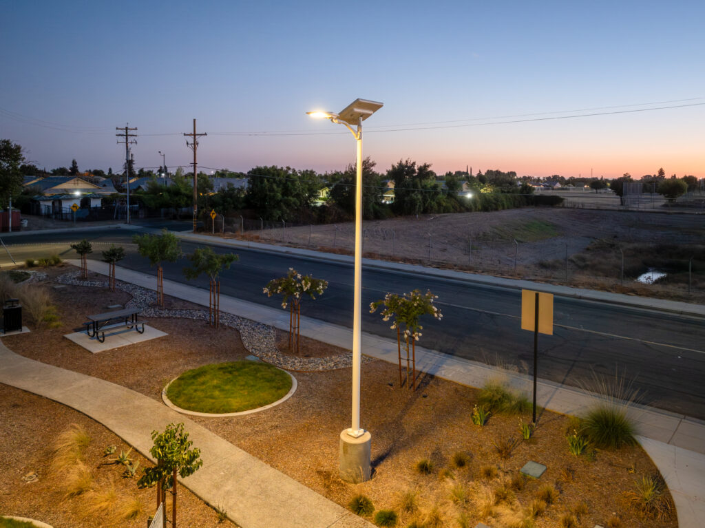 UP2 solar light at Fig Tree Park in Parlier, California at dusk