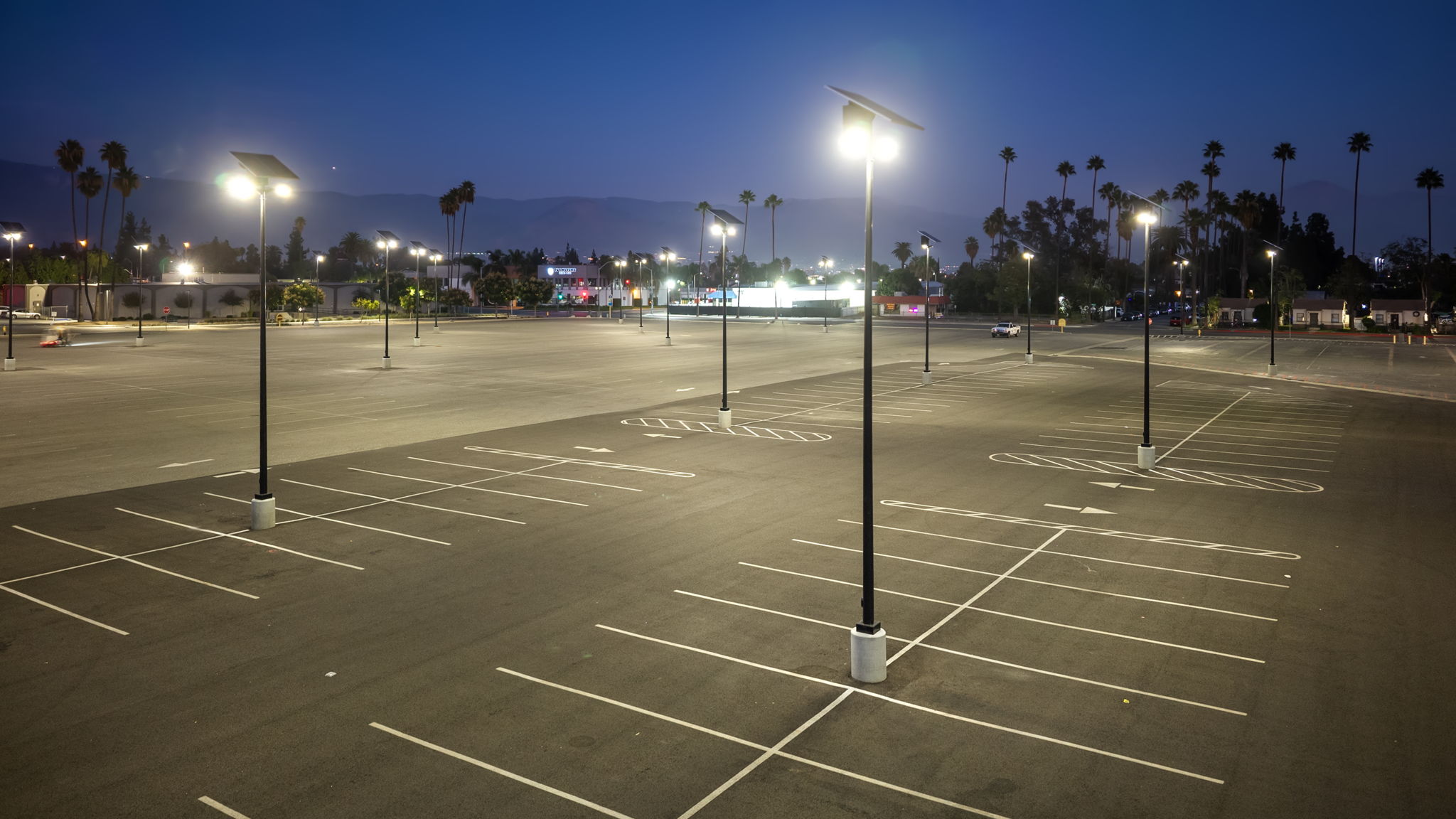 empty parking lot in San Bernadino, California illuminated by EverGen-M solar lights at night